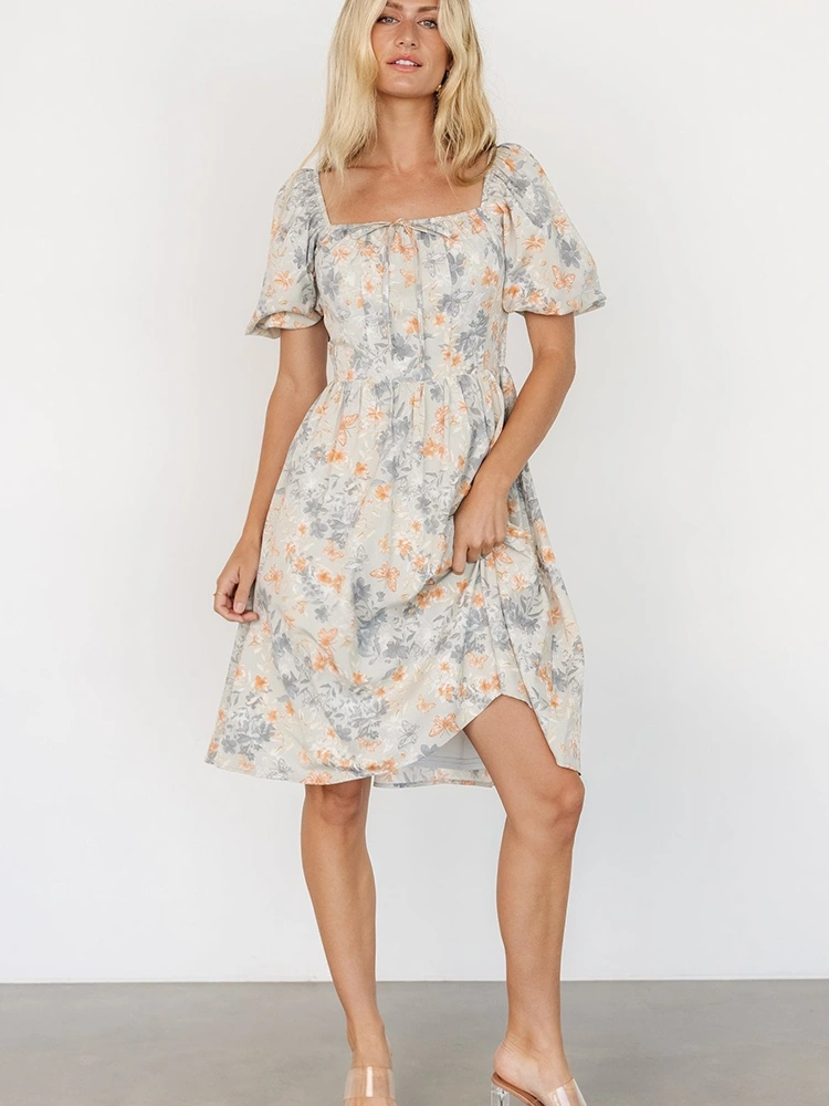 فلورل پرنٹ Midi Square Neck Short Sleeve Dress