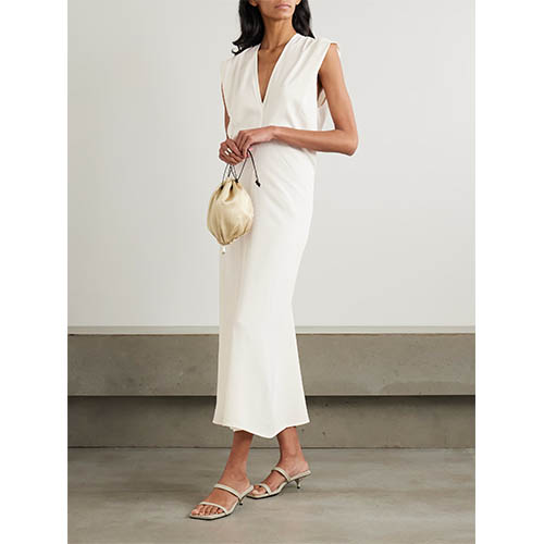 ٹیلرڈ آئیوری آستین کے بغیر گہری وی مڈی لباس